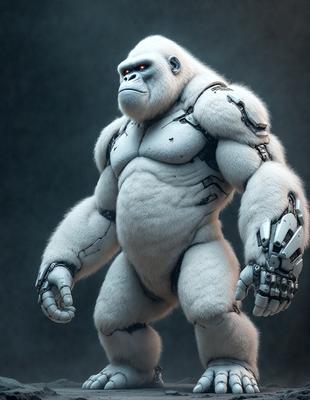 The primary subject of the image is a large, white, robotic gorilla. The robotic gorilla is standing in a dark room, with a mechanical appearance. The setting is a dark room, and the visual style is digital art. The dominant colors are black and white, giving the image a moody and futuristic atmosphere.